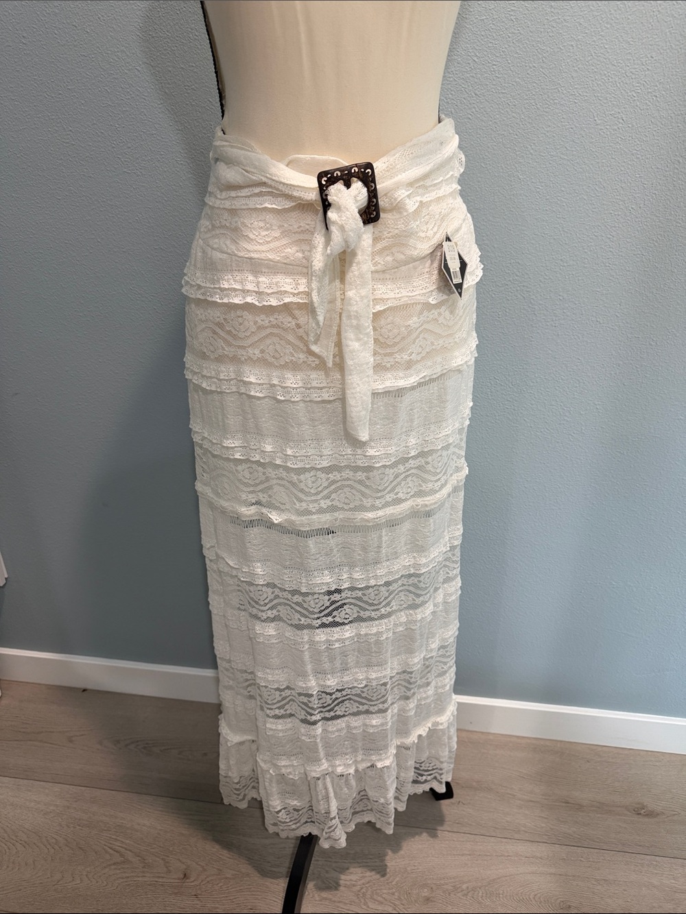 Bohemian white Lace Maxi Skirt with Waist Tie